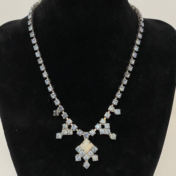 Vintage Art Deco Style Blue Prong Set Crystal Glass Necklace 16" - Picture 2 of 11